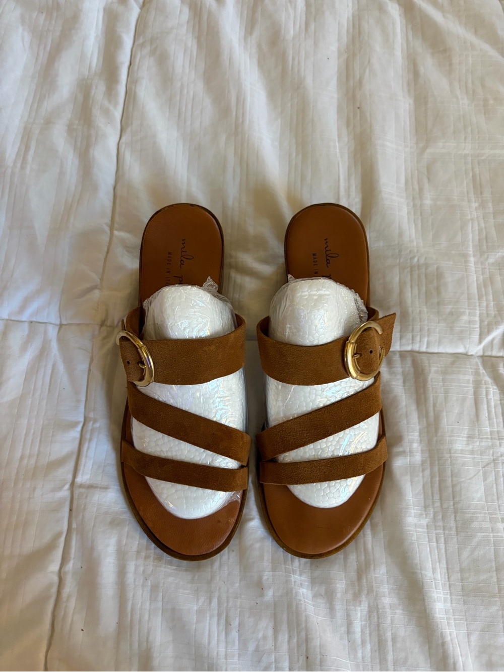 Mila Paoli Brown Triple-Strap Slide Heels Sandals with Gold Buckles